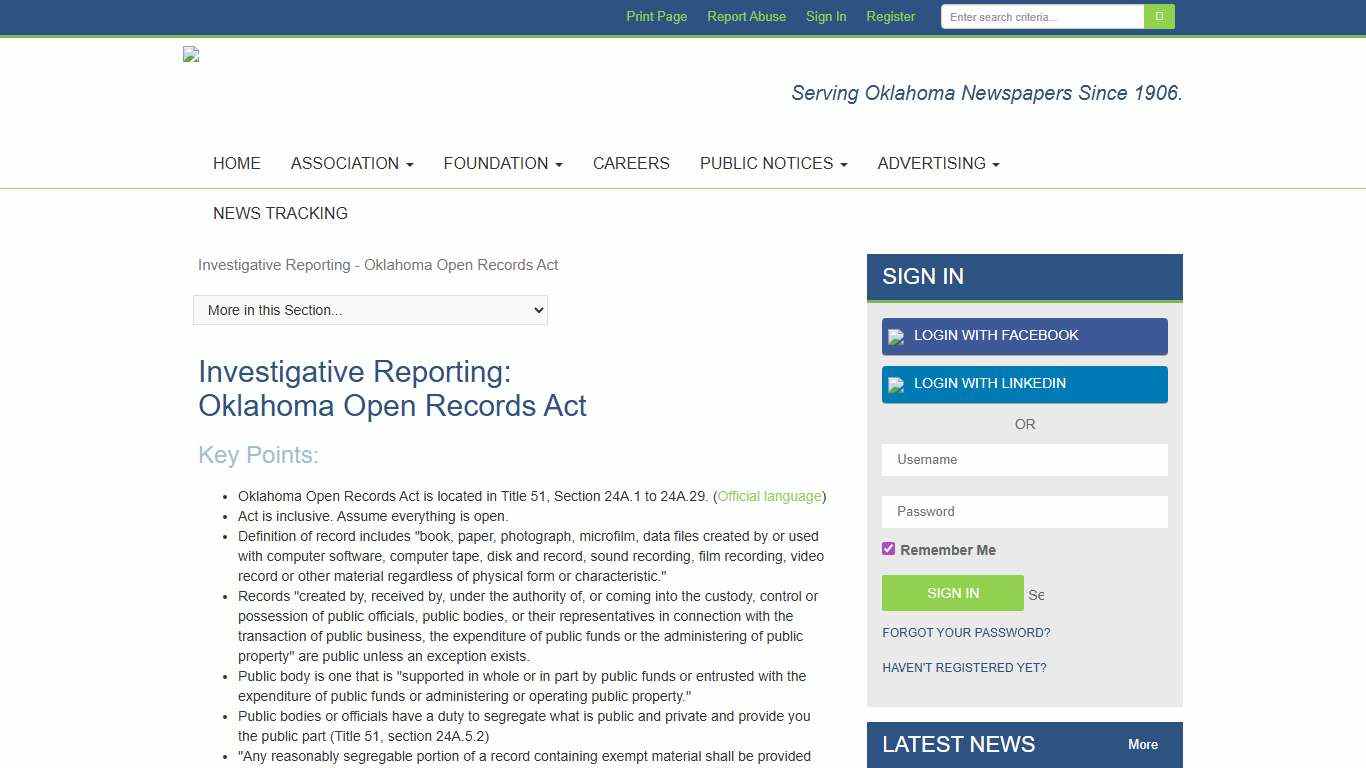 Investigative Reporting - Oklahoma Open Records Act - Oklahoma Press